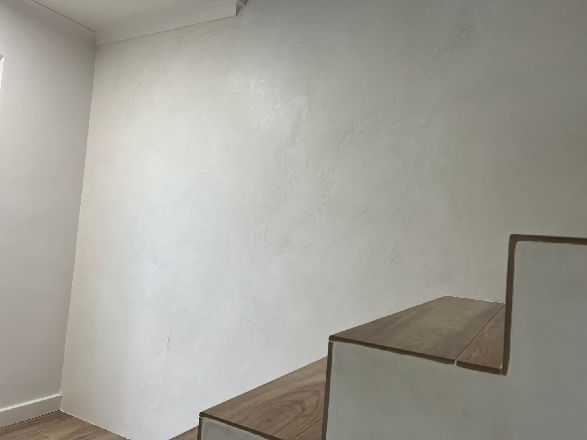 Smooth white finished wall beside timber-topped stair steps
